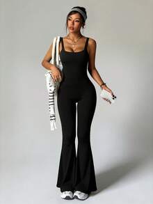 女士露背提拉高弹力无袖带垫喇叭连体裤 - 黑色 - 查看 3