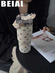 1pc 900ml/30oz Stainless Steel Insulated Tumbler With Bow-Knot Cherry Design, Outdoor Sports Water Bottle, Flat Bottom Cup, Suitable For Office, Hiking, Picnic, Home, Birthday, Valentine's Day, Mother's Day, Graduation, Anniversary, Back To School Gifts - Cherry - View 3