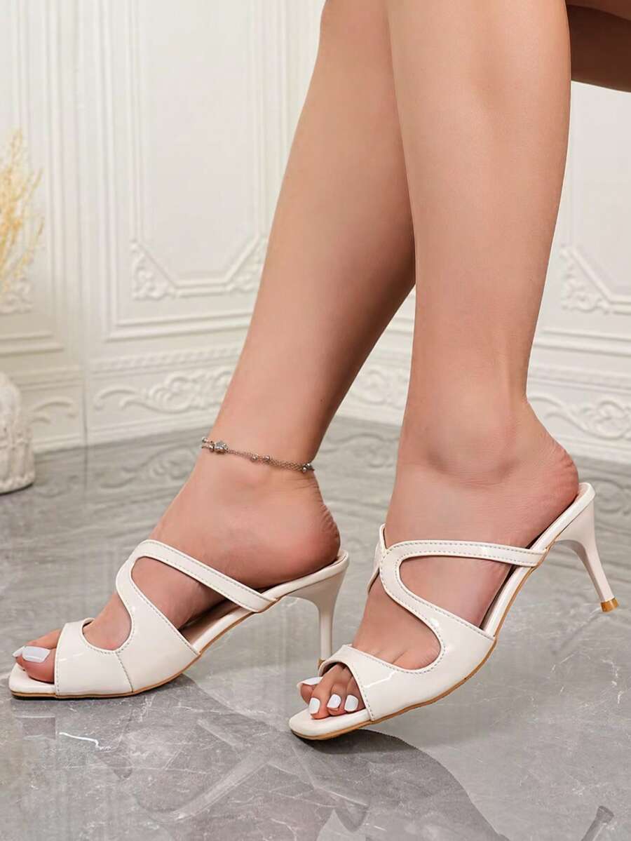 Sandal đế bệt mũi vuông bằng da bóng màu trắng quyến rũ năm 2026, sandal cao gót khoét lỗ dự tiệc. - Màu be - Xem 1