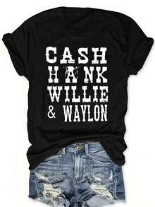 [Plus Size Short Sleeve Tee] Black Plus Size Casual Crew Neck T-Shirt - Features Bold Distressed Text "CASH HANK WILLIE & WAYLON", Stylish And Comfortable For Music Lovers, Perfect For Laid-Back Outfits, Easy To Pair With Denim Shorts, Ideal For Everyday Wear - 黑色 - 查看 6