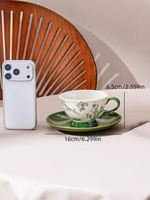 1 Juego de tetera, taza y platillo de cerámica con diseño floral y de vid, estilo minimalista y elegante. Juego de taza y platillo de cerámica de unicolor verde y azul, estilo nórdico y de lujo, simple. Adecuado para restaurante, cafetería, librería, hotel, hogar. Juego de taza y platillo de cerámica para café, té de flores y merienda. - Verde - Ver 15