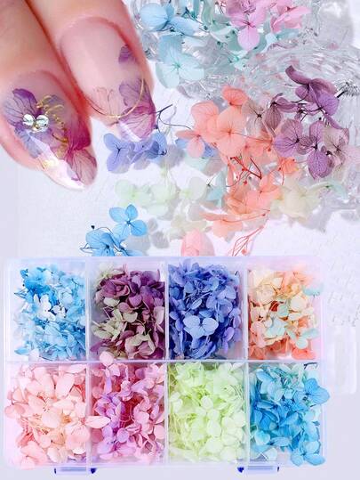 8格绣球花瓣美甲装饰套装，树脂花朵吊坠，DIY美甲，3D立体花朵装饰，持久易用，适合日常妆容、派对妆容、节日装饰、婚礼妆容，适合初学者和专业美甲师，时尚花朵设计，为您的指甲增添魅力，多功能实用美甲配件