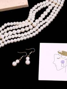 1pc Minimalist Multi-Layer Necklace, 1 Pair Pearl Earrings, 1 Set Jewelry Set. Elegant Faux Pearl Choker Necklace + Earrings Jewelry Set, Suitable For Women's Daily, Party, Or As A Perfect Gift - White - View 6