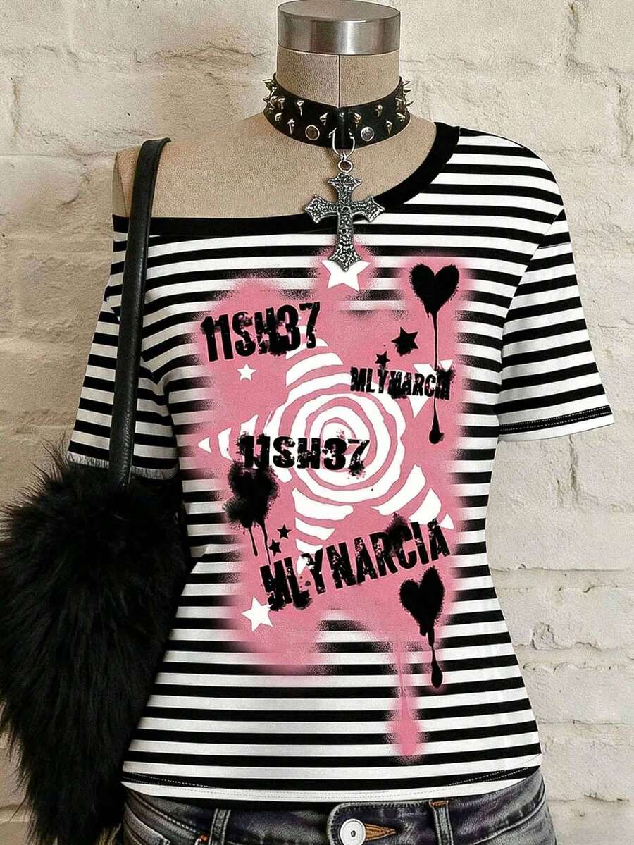 Women's Punk Goth Style Black And White Stripe Asymmetrical Off-Shoulder Short-Sleeve T-Shirt, Loose And Comfortable, Rose Heart Graffiti Print Top, Street Style For Summer Fashionable And Edgy Outfits, Perfect For Parties, Dates, Daily Outings And Music Festivals - Multicolor - View 1