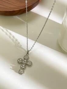 女士不锈钢十字架吊坠项链，镶嵌全铺镶人造钻石，时尚奢华优雅吊坠项链 - 銀色 - 查看 5