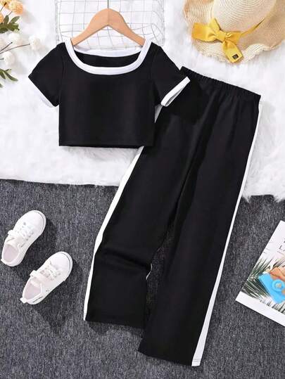 8-12 Years Old Girls' Casual Contrast Color Set, Black & White Short Sleeve With Side Drawstring, Comfortable 2 Pieces Sporty Outfit, Suitable For Outdoor Wear