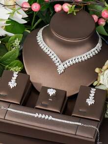 1 Set de Joyería Floral de Circonita Cúbica Elegante, Adecuado para que las Mujeres lo Usen en el Día de San Valentín - Plateado - Ver 1