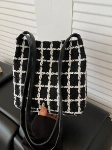 1件黑色针织面料金属按扣格子时尚百搭休闲简约别致春季新款单肩包，适合女性日常使用 - 黑色 - 查看 10