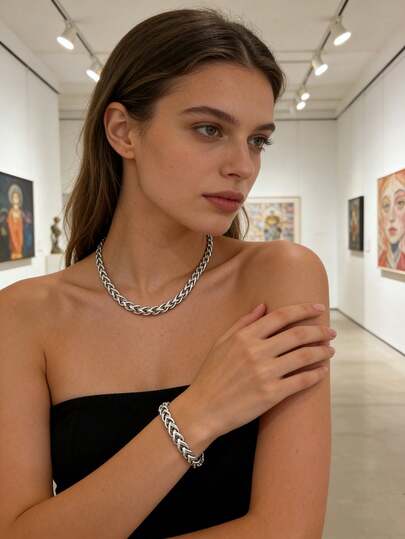 Two Pieces Street Hip-Hop Style Stainless Steel Chain Jewelry Set, Punk Fashion Men's Necklace And Bracelet Set, Unique Accessories, Durable And Long-Lasting, Not Prone To Fading, Perfect For Various Fashionable Looks