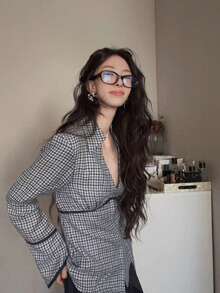 法式深V领长袖格子衬衫，宽松版型，适合早春叠穿，收腰设计 - 藍色 - 查看 4