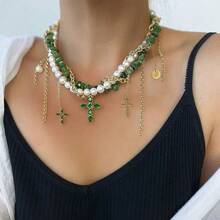 Dây chuyền ngọc trai nhiều lớp, dây chuyền choker mặt dây chuyền hình thánh giá đính đá màu xanh lá cây thời trang theo phong cách INS. - Nhiều màu - Xem 2