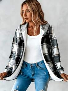 Women's Plaid Hooded Button Coat - Casual Winter Outfit Staple Hooded Plaid Long Sleeve Jacket - Versatile Cold-Weather Wear Plaid Pattern Hooded Coat - Practical Everyday Winter Wardrobe Pick Jackets For Womenwinter Clothes For Womenessentials Hoodiehoodies For Women - màu đen - Xem 3