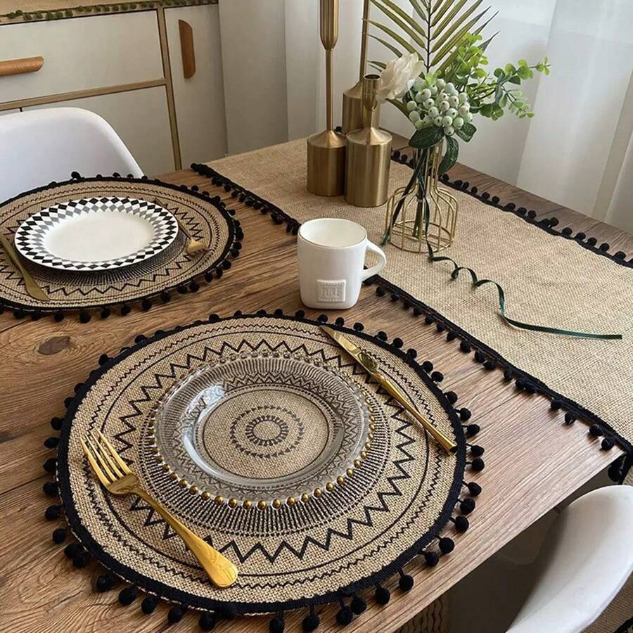 1 pieza Posavasos redondo, Alfombrilla de mesa antideslizante de yute, Accesorio de decoración de mesa de comedor, Almohadilla de cocina, Posavasos para taza de café, Alfombrilla de cena de fiesta, Almohadilla para jarrón, etc. - Negro - Ver 1