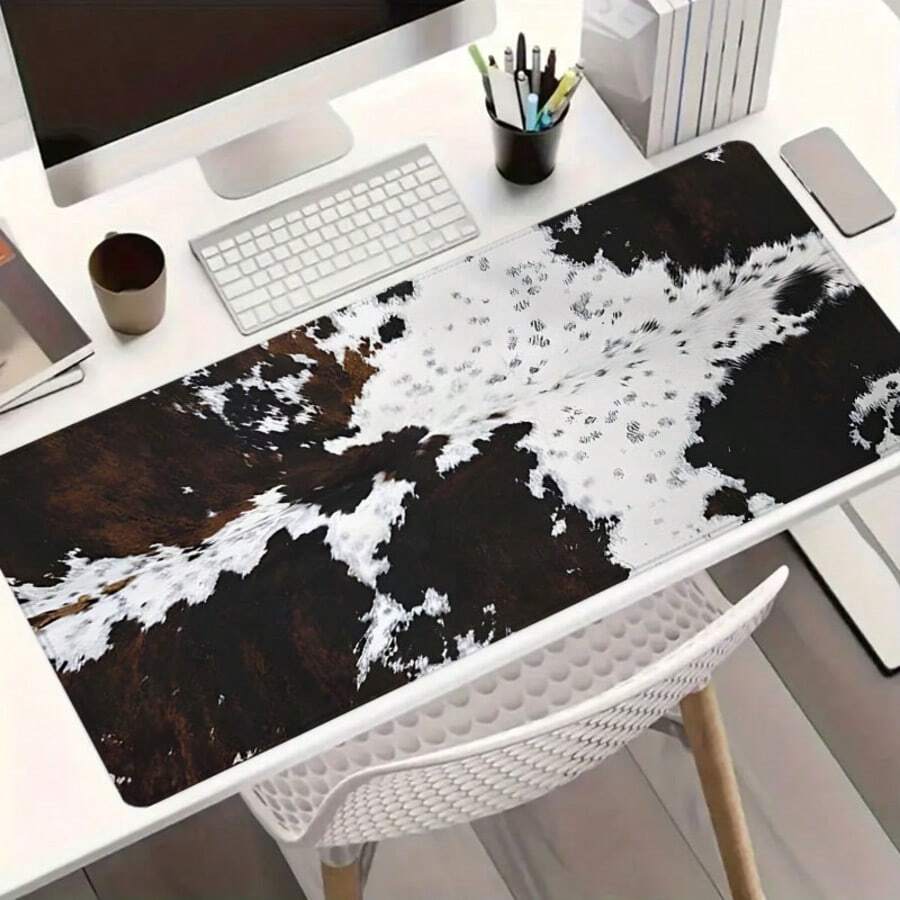 1pc Cowhide Print Large Gaming Mouse Pad,Western Style Extended Desk Mat,Office Desk Accessories Non-Slip Stitched Edge Computer Mat,Rubber Base Laptop Keyboard Pad For Home Office & Gamer,Durable And Spill-Resistant - View 1