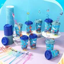 Yungyan - Juego de 16 tazas de regalo con tapas y pajitas para decoraciones de cumpleaños reutilizables de plástico de 16 onzas para fiestas de cumpleaños - Azul - Ver 6