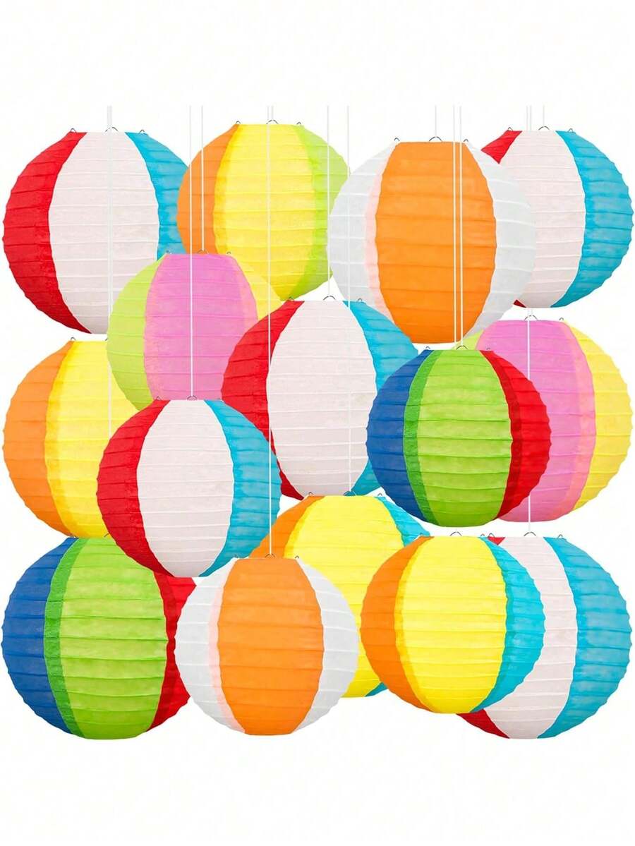6pcs Beach Ball & Paper Lantern Decor - Summer Hawaiian Theme Hanging Decorations Suitable For Home, Birthday, Outdoor, Indoor, Office - Multicolor - View 1