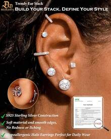 Moissanite Earrings For Men, Solid S925 Sterling Silver And 18K Golden Plated Halo Stud Earrings For Women Valentine's Day Mother's Day Gifts - D Color VVS1 Hypoallergenic Dainty Moissanite Jewelry For Sensitive Ear, 0.2CT-10CT, 3-11mm - 銀色 - 查看 6