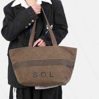 1pc, 30cm*19cm*28cm, Canvas, Large Capacity Tote Bag, Fashion Handbag, Shoulder Bag, Shoulder Tote Bag, Handheld Tote Bag, Fashion Shopping Bag, Fashionable Letter Print, Suitable For Students, Commuting, Leisure Travel, Etc.