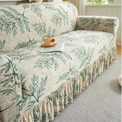 1pc Milk Silk Fabric Anti-Slip Elastic Decorative Sofa Skirt Cover, Printed Feather & Leaf Pattern, Rich Colors, Pet-Friendly Anti-Dust, Available In 1/2/3/4 Seater Sizes, Suitable For All Seasons