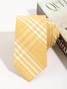 1pc Mustard Yellow Comfortable Synthetic Cotton Casual Handwoven Plaid Striped Necktie - Multicolor - View 3