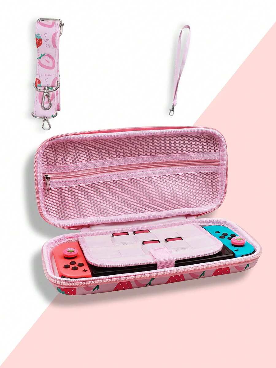 Portable Carrying Case, Cute Pink Strawberry Design With Shoulder Strap And Joystick Cap Set - View 1