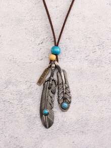 1pc Men's Fashion Turquoise Double Feather Alloy Long Chain Necklace, Hip Hop Style - Beads - View 14