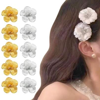 10 Pieces Of Gold Flower Hair Clips For Women, 2.17 Inch Hawaiian Tropical Flower Claw Clips For Thin Hair, Non-Slip Vacation Beach Hair Accessories For Summer Spring Wedding