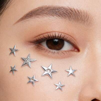 1pc Star Sticker Face Jewelry, Metallic Silver Color With Rhinestone Five-Pointed Star Face Sticker, Suitable For Music Festival Makeup, Y2K, Kpop, Face Glitter, Carnival, Face Decor Five-Pointed Star With Rhinestone (Self-Adhesive)