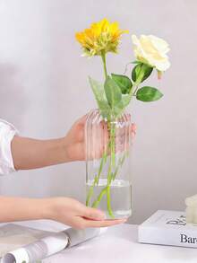 1pc Thick Glass Cylinder Vase, Striped Tall Transparent Vase, Can Be Used As Floating Candle Holder, Suitable For Dining Table Decor, Wedding Home Decoration - Clear - View 3