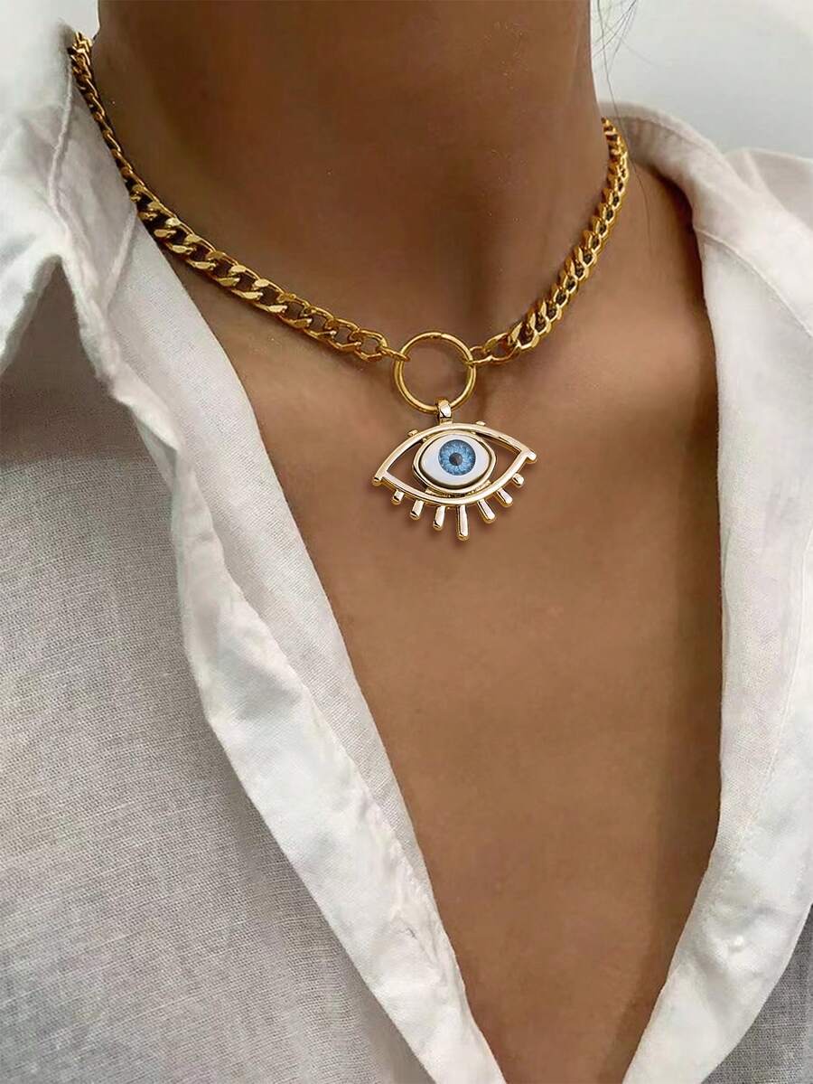 1pc Demon Eye Pendant Necklace, Versatile Choker Necklace - Yellow Gold - View 1