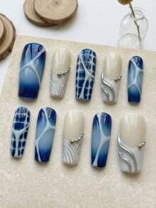 10片手工制作的Y2K/朋克风格长方形假指甲，蓝色抽象动物纹和金色漩涡搭配灰色流线图案，可拆卸可重复使用美甲套装（包含凝胶胶水和指甲锉） - 藍色 - 查看 4