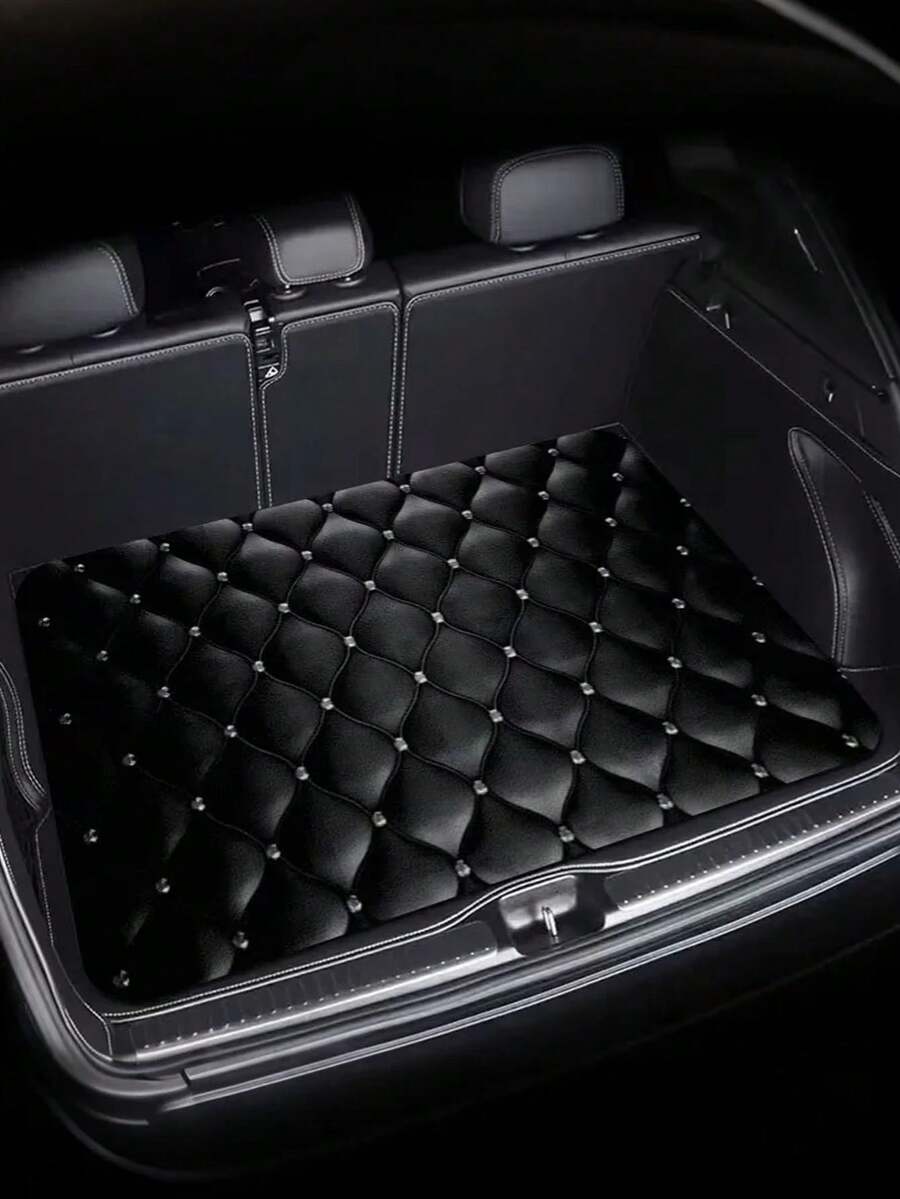 1pc Black Diamond Pattern Trunk Mat, Polyester Carpet Lining, Practical For Daily Commute, Loading And Cargo Securing, Car Trunk Mat, Interior Decoration Accessory