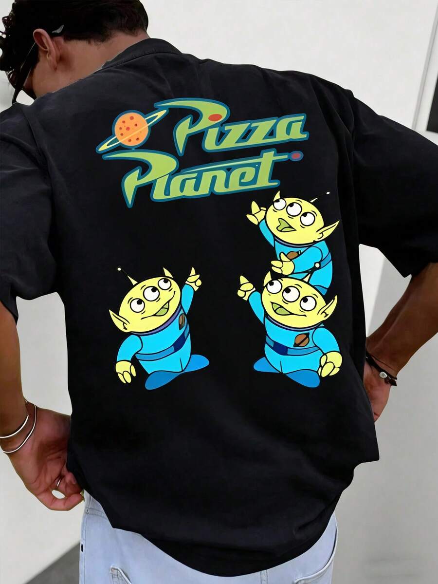 Disney Men's Casual T-Shirt, Pizza Planet Aliens Stack Print, Nostalgic & Playful Design, Perfect For Toy Story Fans & Casual Wear - 黑色 - 查看 1
