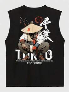 FRACTYR Men's Casual Sleeveless T-Shirt, Minimalist Figure Print, Summer Sports Style Vest - Black - View 3