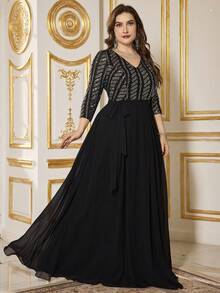 UNITHORSE UNITHORSE Plus Đầm dạ hội thanh lịch tay thẳng eo thon đính sequin bằng chiffon dành cho nữ, thích hợp làm đầm dự tiệc, đầm cô dâu, đầm sinh nhật, đầm tốt nghiệp. - màu đen - Xem 5