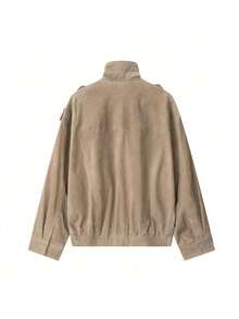 HLPHA Áo khoác bomber nữ dáng rộng, thanh lịch, màu trơn, cổ đứng, tay dài, có túi và khóa kéo / Áo khoác cơ bản hàng ngày mùa xuân thu / Áo khoác đa năng màu nâu kaki / Áo khoác bomber dáng rộng mùa xuân thu đông dành cho nữ - Màu Khaki - Xem 2