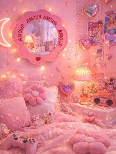 Pink Flower Wall Mirror, Cute AMOUR Decorative Vanity Mirror For Bedroom, Dorm & Girl Room, Aesthetic Y2K Room Decor, Heart Accent Hanging Mirror For Makeup Desk, Sweet Girly Home Decoration Gift For Teen Girls Women