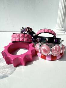 1件朋克粉紫心形铆钉不对称几何宽手链，夸张皮革树脂材质，适合日常、派对、度假佩戴 - 彩色 - 查看 4