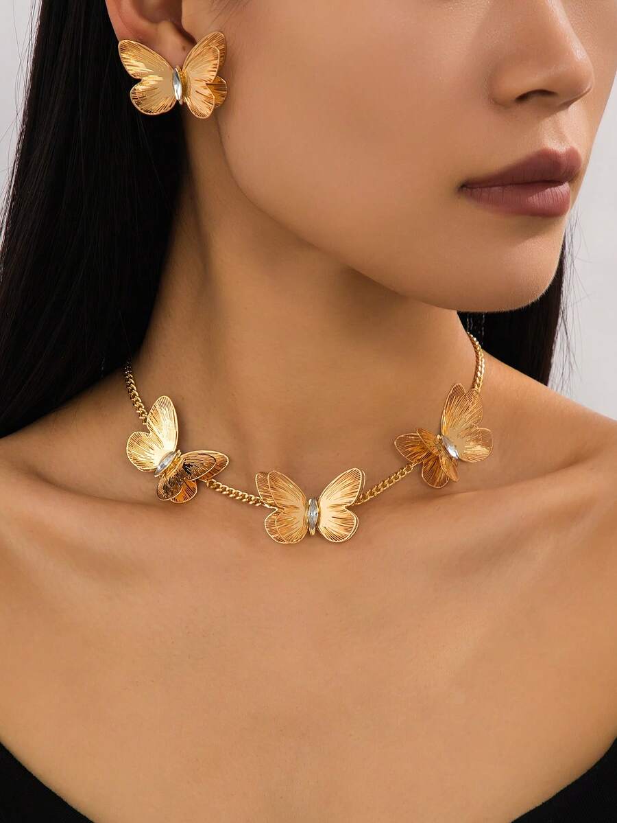 Bộ trang sức gồm dây chuyền và bông tai hình bướm đính đá lấp lánh, thích hợp cho các buổi tiệc, họp mặt, đeo hàng ngày, là món quà đa năng dành cho phái nữ. - Vàng - Xem 1