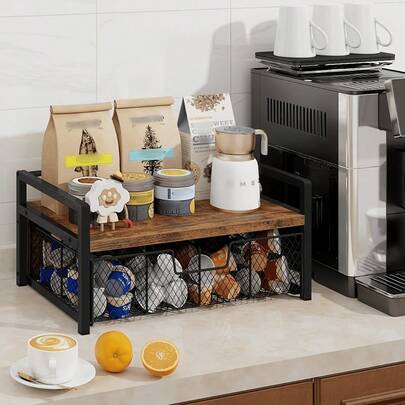 1pc Space Saving Kitchen Countertop Storage Rack With Drawers And Mesh Baskets, Coffee Pod, Tea Bag Organizer, Wood Tea Organizers And Storage Chest, Teabag Holder With Storage Drawer, Tea Station Chest Display Container Box For Countertop Kitchen