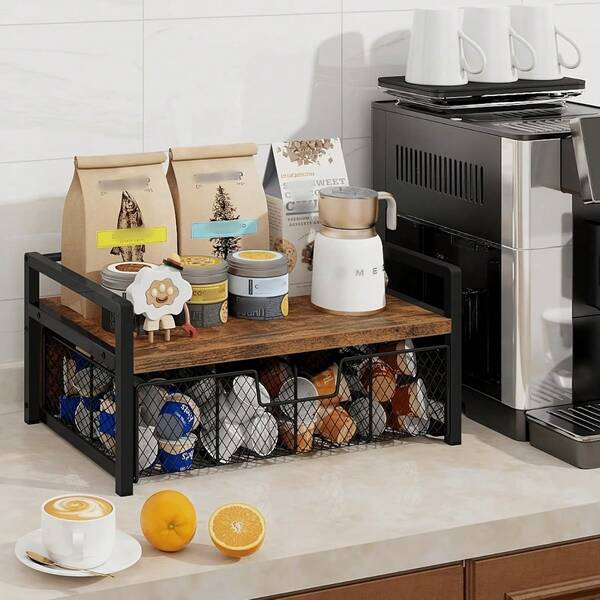 1pc Space Saving Kitchen Countertop Storage Rack With Drawers And Mesh Baskets, Coffee Pod, Tea Bag Organizer, Wood Tea Organizers And Storage Chest, Teabag Holder With Storage Drawer, Tea Station Chest Display Container Box For Countertop Kitchen