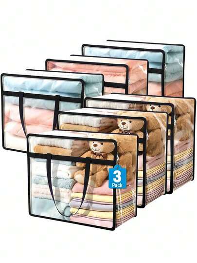 1/2/3 件装透明拉链衣物收纳袋，10.57 加仑衣柜整理收纳盒，乙烯基搬家袋，适用于床上用品、毯子、被子、衣物、玩具、婴儿房用品。