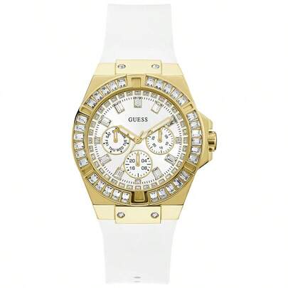 Guess Venus Fashion Crystal Luxury White Round Dial Silicone Strap Quartz Women's Watch GW0118L5, Casual Wristwatch Suitable For Daily Wear, Parties, Perfect Gift For Girlfriend, Ideal Choice For Back-To-School Students