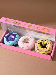 3 Pairs Of Colorful Mid-Calf Gift Socks, Unisex Couples Gift Box, Soft Donut-Themed Novelty Socks, Imaginative Food-Inspired Creative Design, Comfortable & Versatile, Suitable For Birthday, Valentine's Day, Easter, Ramadan, Date, Family Gathering, Party, Holiday, Unique Fashion Casual Everyday Wear - Multicolor - View 8