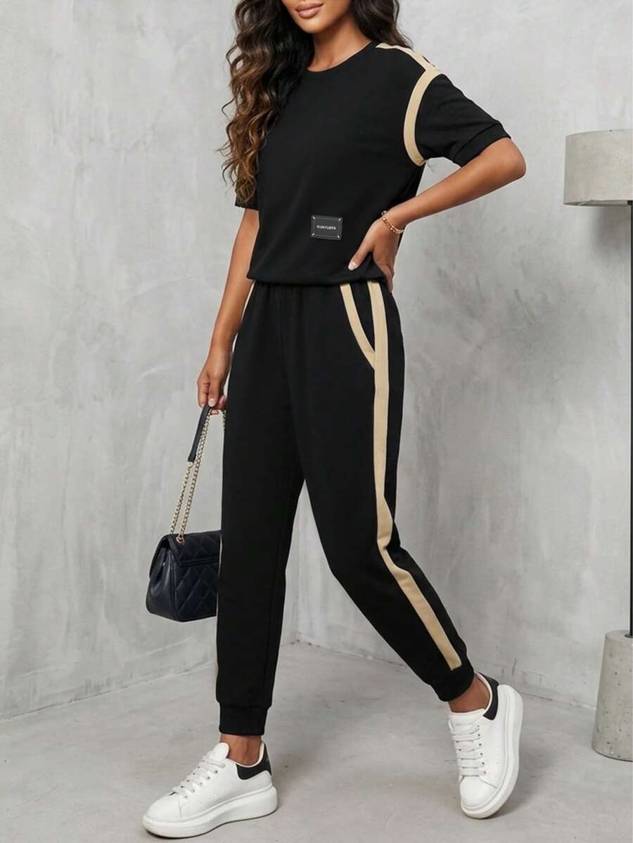 Conjunto de 2 piezas de mujer con camiseta de cuello redondo de manga corta con rayas de contraste y pantalón lápiz de cintura elástica recto, adecuado para primavera, verano y otoño, elegante en negro - Negro - Ver 1