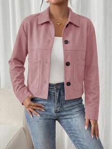 Women's Faux Suede Cropped Jacket Casual Fall Fashion Button Down Winter Coats Outerwear Clothes Christmas New Years Outfit Women - 粉色 - 查看 1