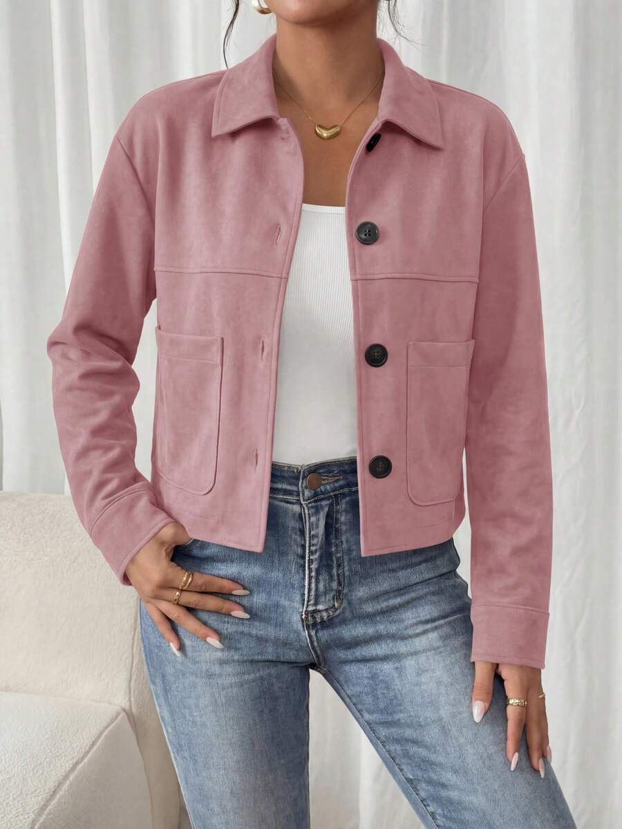 Women's Faux Suede Cropped Jacket Casual Fall Fashion Button Down Winter Coats Outerwear Clothes Christmas New Years Outfit Women - 粉色 - 查看 1