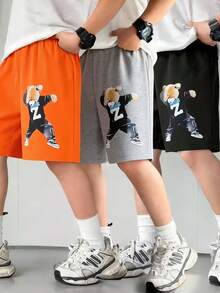 Bộ 3 quần short thể thao cho bé trai 4-8 tuổi, màu cam, xám, đen, in hình gấu hoạt hình dễ thương - Thích hợp cho kỳ nghỉ hè và chơi đùa hàng ngày. - Nhiều màu - Xem 4