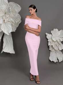 Off-Shoulder Knit Bandage Bodycon Dress, European And American Luxury Slim Fit Pencil Skirt, Suitable For Family Gatherings, Parties, And Evening Galas - Pink - View 3