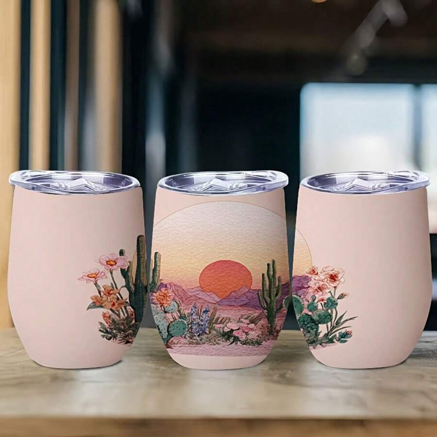 1个/5个 12盎司蛋形不锈钢杯 - 沙漠日落仙人掌鲜花图案，防漏，304不锈钢，非常适合复活节早午餐、婚礼礼物或周末礼物。 - 彩色 - 查看 1